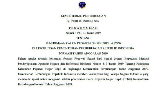 Pengumuman Penerimaan CPNS Kementerian Perhubungan 2019 [1.244 Formasi]