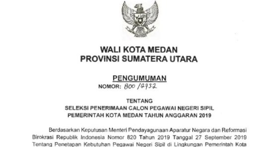 Pengumuman Penerimaan CPNS Pemko Medan 2019 [193 Formasi]