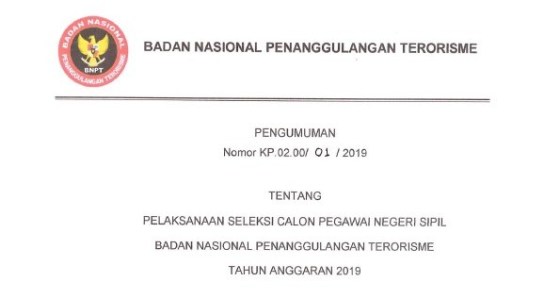 Lowongan CPNS Badan Nasional Penanggulangan Terorisme (BNPT) 2019