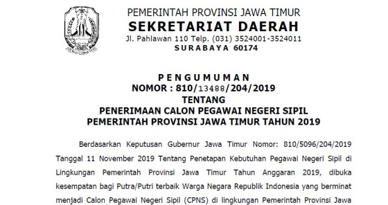 Lowongan CPNS Pemprov Jawa Timur Tahun 2019 [1.817 Formasi]