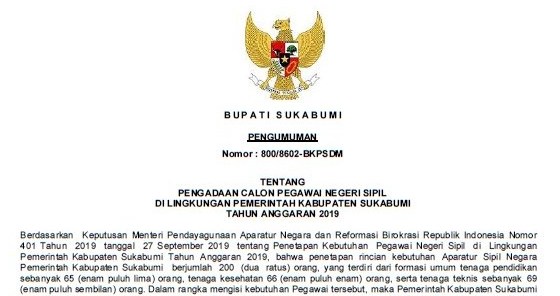 Penerimaan CPNS Kabupaten Sukabumi Tahun 2019, Buka 200 Formasi