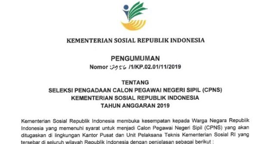 Pengumuman Lowongan CPNS Kementerian Sosial 2019 [117 Formasi]