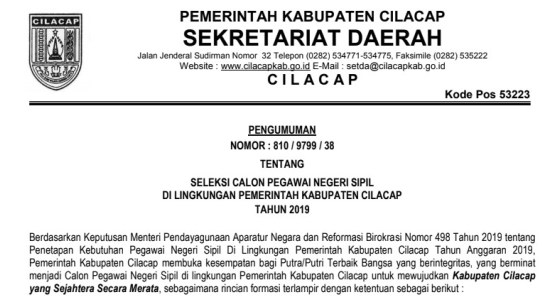 Lowongan CPNS Kabupaten Cilacap Tahun 2019 [815 Formasi]