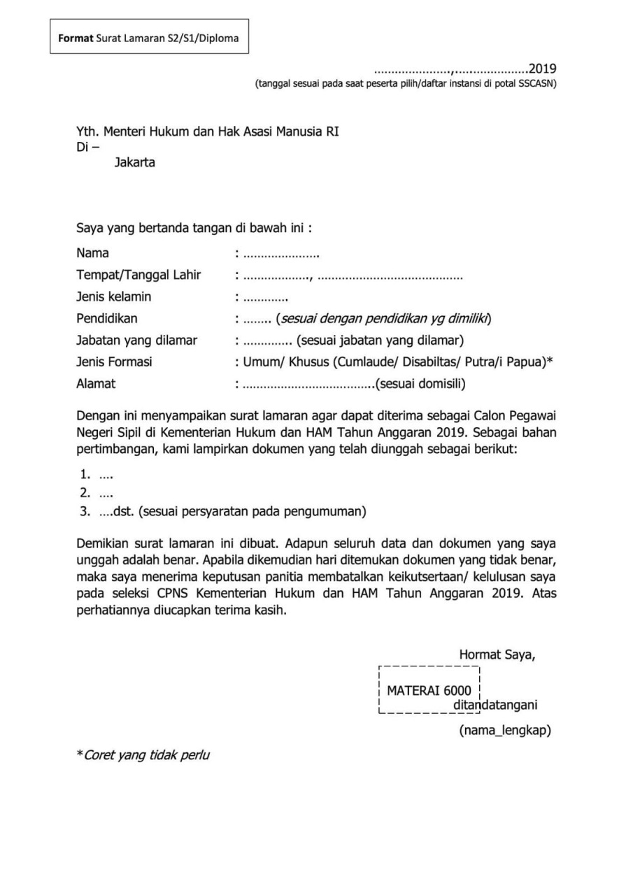 Contoh Format Surat Lamaran CPNS Kemenkumham SLTA/D3/S1/S2 Tahun 2019