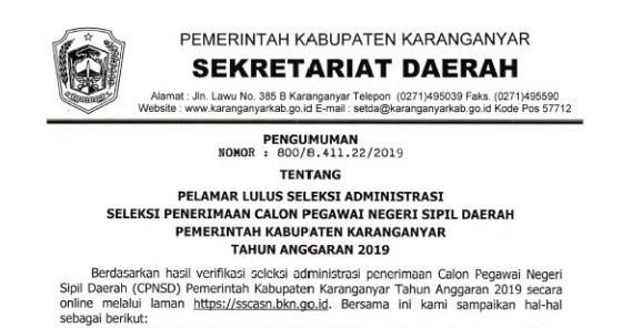 Pengumuman Seleksi Administrasi CPNS 2019 Kabupaten Karanganyar