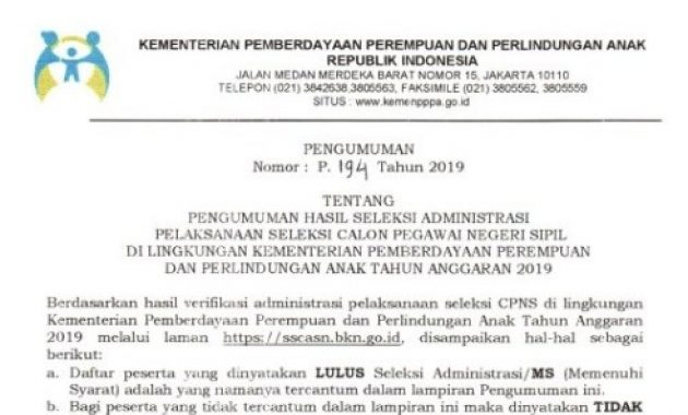 Informasi Hasil Seleksi Administrasi CPNS Kementerian PPPA Tahun 2019