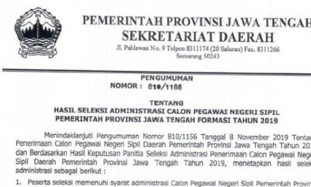Pengumuman Hasil Seleksi Administrasi CPNS Pemprov Jawa Tengah 2019