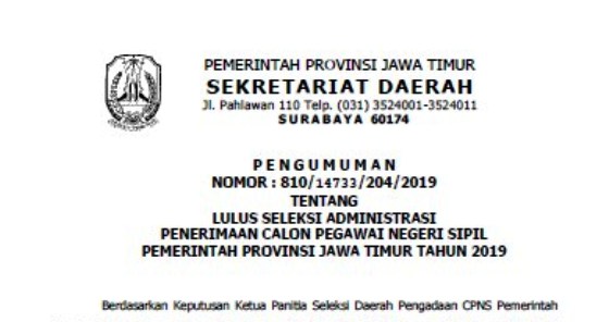 Pengumuman Hasil Seleksi Administrasi CPNS Jawa Timur Tahun Anggaran 2019