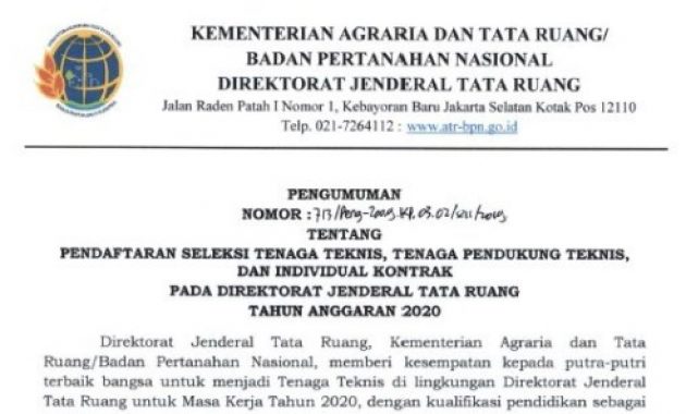 Rekrutmen Tenaga Kontrak Kementerian Agraria dan Tata Ruang Tahun 2020