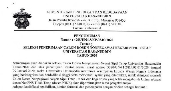 Lowongan Dosen Non PNS Tetap Universitas Hasanuddin Tahun 2020