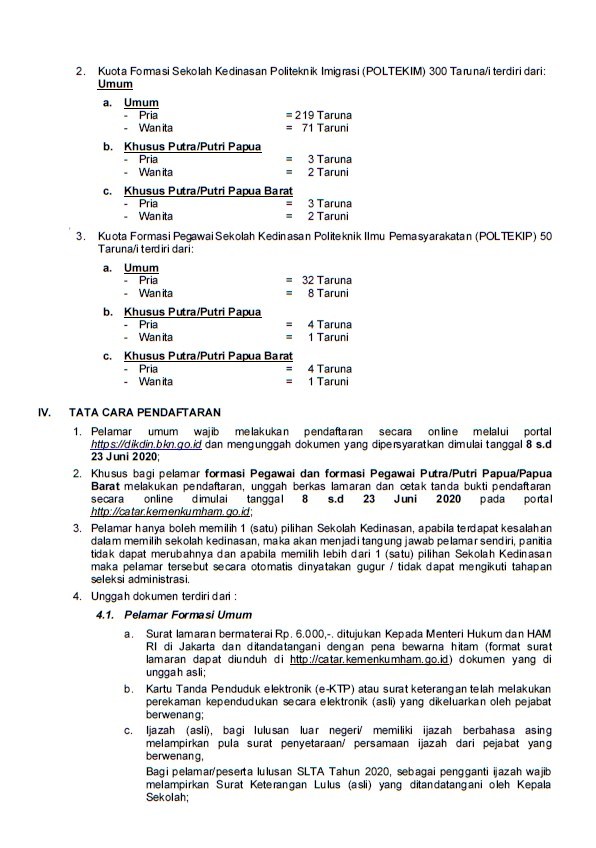Penerimaan Catar Poltekip dan Poltekim KEMENKUMHAM Tahun 2020