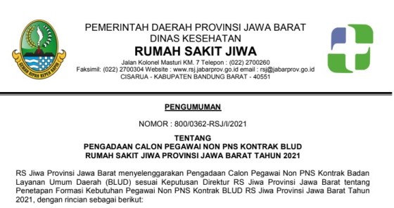 Rekrutmen Pegawai Non PNS Kontrak BLUD RSJ Provinsi Jawa Barat Tahun 2021