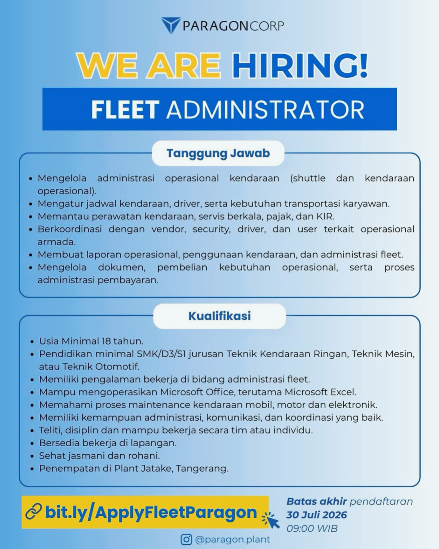 Lowongan kerja fleet administrator paragon
