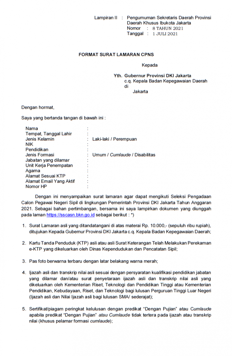 Format Surat Lamaran CPNS 2021 di Berbagai Instansi Pusat Format Surat Lamaran CPNS 2021 di Berbagai Instansi Pusat