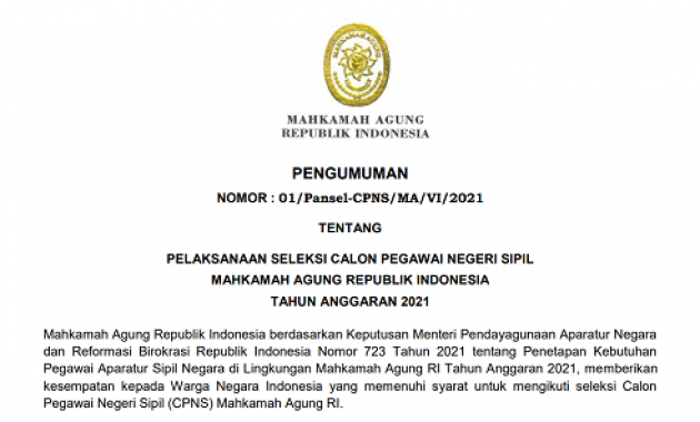 Resmi ! Pengumuman Pelaksanaan Seleksi CPNS Mahkamah Agung Republik Indonesia Tahun Anggaran 2021