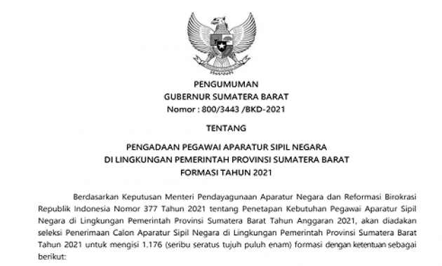 Resmi ! Pengumuman Pengadaan CPNS/PPPK Pemprov Sumatera Barat 2021 Untuk Lulusan SMA/SMK D3 dan S1